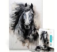 Rompecabezas de 1000 Piezas con Caballos Negros en Acuarela Diversión con articulaciones precisas,Actividad Cerebral Inteligente,Entretenimiento Relajante,Regalo de cumpleaños 38x26cm