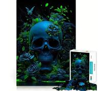 Rompecabezas de 1000 Piezas con Calavera Azul y Flores Verdes,Juego de Bordes, Juguete para Entrenar la Mente,diversión para Jugar despacio,Regalo de cumpleaños 50x75cm
