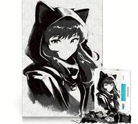 Rompecabezas de 1000 Piezas con Capucha Nekomimi, Tinta Negra, para Adolescentes Rompecabezas Mental, Alivio de la tensión, Arte de ensamblaje, Regalo Premium (38x52cm)