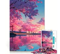 Rompecabezas de 1000 Piezas con cerezos en Flor Rosados Junto al Lago, Ideal para Adolescentes, Mejora la Memoria, fácil de Usar, para el Ocio, con Corte Firme, para decoración de Pared (50x75cm)