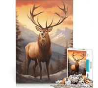 Rompecabezas de 1000 Piezas con Ciervos al Atardecer en Las montañas, Ideal para Jugar en Familia o como Regalo de cumpleaños Incluye póster y Hoja de Preguntas a Juego 50x75cm