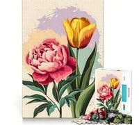 Rompecabezas de 1000 Piezas con diseño Abstracto de peonía Rosa y tulipán Amarillo para Adolescentes Juguete de lógica para Jugar en Grupo Corte de precisión Regalo Original (38x52cm)