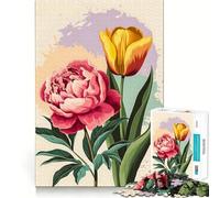Rompecabezas de 1000 Piezas con diseño Abstracto de peonía Rosa y tulipán Amarillo para Adultos Refuerza la Memoria Momentos cálidos Bordes limpios (38x26cm)