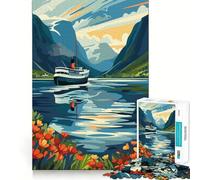Rompecabezas de 1000 Piezas con diseño de Barco en un fiordo de Noruega Regalos para Adultos Juego de ingenio y diversión Precioso Regalo (38x26cm)