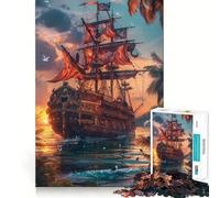 Rompecabezas de 1000 Piezas con diseño de Barco Pirata al Atardecer para Adultos Juguete Inteligente, Divertido y silencioso Bordes Suaves Regalo Ideal para Festivales (50x75cm)