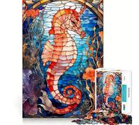 Rompecabezas de 1000 Piezas con diseño de Caballito de mar y vidrieras para Adolescentes Juguete para desarrollar la Capacidad Mental y Relajarse Corte preciso (38x26cm)