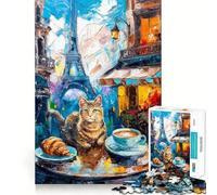 Rompecabezas de 1000 Piezas con diseño de cafetería parisina con Gatos, Ideal para Adultos Desarrolla la Mente y entretiene Bordes precisos (38x26cm)