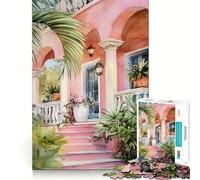Rompecabezas de 1000 Piezas con diseño de casa Rosa en Acuarela con Plantas Tropicales Ideal para Adolescentes Juguete de lógica sólida diversión Tranquila Corte de precisión y un Regalo increíble