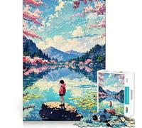 Rompecabezas de 1000 Piezas con diseño de Chica Anime en un Lago con Flores de Cerezo Juego de concentración Mental con Cortes de precisión y Bordes Suaves Actividad Absorbente para Noches tranquilas