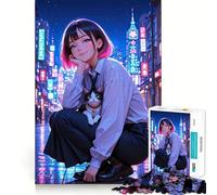 Rompecabezas de 1000 Piezas con diseño de Chica Anime y Gato en un Paisaje Urbano Diversión para ejercitar la Mente Encaje Huecos Actividad para Compartir con Seres Queridos (50x75cm)