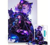 Rompecabezas de 1000 Piezas con diseño de Chica Anime y Gato para Adultos Diversión para Entrenar la Mente Piezas sin Rebabas y de Corte Limpio Actividad para Compartir en Familia (38x26cm)