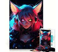 Rompecabezas de 1000 Piezas con diseño de Chica Gato Azul,Rosa y neón Juego de articulaciones ejercitar el Cerebro Divertido Juego Relajante Regalo de decoración navideña (38x52cm)