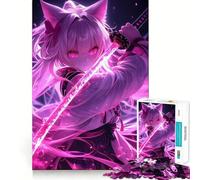 Rompecabezas de 1000 Piezas con diseño de Chica Gato de Anime y Katana neón para Adultos Juego de Memoria Cerebral Encaje Huecos Actividad Relajante para un Descanso Mental (38x26cm)