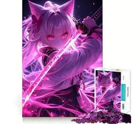 Rompecabezas de 1000 Piezas con diseño de Chica Gato de Anime y Katana neón para Adultos Juego de Memoria Divertido Componentes Resistentes y de Corte Limpio aliviar el estrés