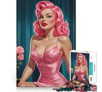 Rompecabezas de 1000 Piezas con diseño de Chica Pin-up de Pelo Rosa y Vestido Rosa para Adultos y Adolescentes Juguete para Pensar y reflexionar Alivia el estrés Regalo navideño de Corte Limpio