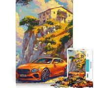 Rompecabezas de 1000 Piezas con diseño de Coche Naranja Junto a una Villa en el acantilado, Ideal para Adolescentes Diseño Elegante y fácil de Usar (38x26cm)