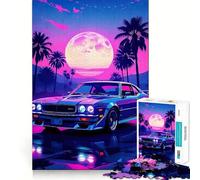 Rompecabezas de 1000 Piezas con diseño de Coches Retro, Palmeras y Luna para Adultos Mejora la Memoria, Alivia la ansiedad y CREA una Sorpresa navideña con Bordes precisos (38x52cm)
