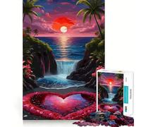 Rompecabezas de 1000 Piezas con diseño de corazón, Puesta de Sol y Playa Tropical Bordes Juego cognitivo Divertido Juego Lento Divertido Decoración navideña artística (38x26cm)
