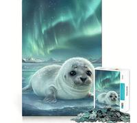 Rompecabezas de 1000 Piezas con diseño de cría de Foca bajo la Aurora Boreal para Adultos Juguete para ejercitar la Mente Diseño Casual y Relajante Colección de Arte para armar Pieza (50x75cm)