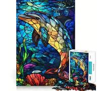 Rompecabezas de 1000 Piezas con diseño de Delfines Adolescentes en vidrieras Juguete Inteligente para Fortalecer los Lazos Familiares Corte Suave Lista de Deseos de Papá Noel 38x52cm