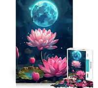 Rompecabezas de 1000 Piezas con diseño de Flores de Loto Rosas bajo una Luna Azul Ideal para Adolescentes Juguete de lógica Sencillo Divertido con Bordes Suaves y Elegante (38x26cm)