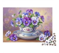 Rompecabezas de 1000 Piezas con diseño de Flores en una Taza de té Vintage, 100% cartón Reciclado, Pensamientos morados. Ideal para Adultos y niños. Regalo Divertido. 70x50cm/1000 Piezas.