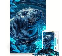 Rompecabezas de 1000 Piezas con diseño de Foca en Aguas Florales Azules para Adultos Rompecabezas Mental para la Mente Arte para armar (38x26cm)