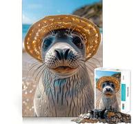 Rompecabezas de 1000 Piezas con diseño de Foca en un Sombrero de Paja para Adolescentes Juguete Mental Ideal para Momentos de Paz Diseño artístico (38x52cm)