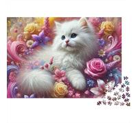 Rompecabezas de 1000 Piezas con diseño de Gatito Blanco en un lecho de Flores. Juegos educativos para Adultos. Hermosa decoración. Desafío de Ideal para cumpleaños. 38x26cm