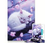 Rompecabezas de 1000 Piezas con diseño de Gato Blanco durmiendo en una Rama de Cerezo Ideal para Adolescentes Juguete de lógica sólida Divertido y fácil de Usar Corte de precisión Artículo