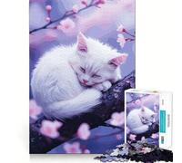 Rompecabezas de 1000 Piezas con diseño de Gato Blanco durmiendo en una Rama de Cerezo para Adultos Juguete para Pensar, calmar, Relajarse y Decorar la Pared con un diseño Limpio 50x75cm