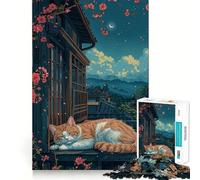Rompecabezas de 1000 Piezas con diseño de Gato durmiendo en un jardín japonés para Adultos Juguete de lógica Pura, Relajante y Divertido Corte preciso Regalo increíble 38x26cm