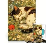 Rompecabezas de 1000 Piezas con diseño de Gato durmiendo Entre Flores Regalo Ideal para Adultos Juguete para ejercitar la Mente Diseño Divertido y silencioso 50x75cm