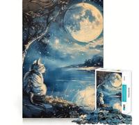 Rompecabezas de 1000 Piezas con diseño de Gato,Luna y Noche Juguete artístico Que desafía la Mente Juego Divertido para el Tiempo Libre Regalo Ideal para cumpleaños (50x75cm)