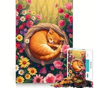 Rompecabezas de 1000 Piezas con diseño de Gato Naranja durmiendo Entre Flores para Adultos Juguete de lógica para Juegos de Interior Corte de precisión Regalo Ideal 50x75cm