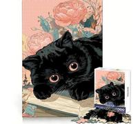 Rompecabezas de 1000 Piezas con diseño de Gato Negro,Flores y Libros para Adultos Ideal para Practicar el razonamiento,Disfrutar en Silencio y Relajarse Bordes Regalo para Las Fiestas