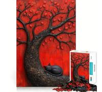 Rompecabezas de 1000 Piezas con diseño de Gato Negro japonés durmiendo bajo un árbol Rojo para Adultos Juguete de lógica Pura, Divertido y Relajante Corte preciso Regalo increíble 38x26cm
