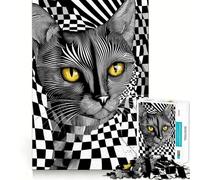 Rompecabezas de 1000 Piezas con diseño de Gato Negro sobre Fondo a Cuadros y Bordes Finos Juguete Creativo,Ideal para el Tiempo Libre y como Regalo de cumpleaños 38x26cm