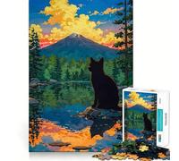 Rompecabezas de 1000 Piezas con diseño de Gato Negro y Vista a la montaña,Corte Impecable,Divertido y Estimulante para la Mente,Ideal para Momentos de Ocio 38x52cm