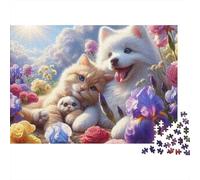 Rompecabezas de 1000 Piezas con diseño de Gato, Perro y Cachorro en un Campo de Flores. Juego Educativo para Adultos. Hermosa decoración. Difícil y desafiante. 70x50cm