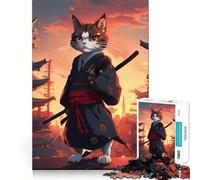 Rompecabezas de 1000 Piezas con diseño de Gato samurái al Atardecer en Japón, Ideal para Adolescentes Juguete Mental para aliviar el estrés Corte Premium (38x52cm)