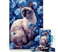 Rompecabezas de 1000 Piezas con diseño de Gato siamés Entre Flores Azules para Adolescentes Juego Inteligente para fomentar la convivencia y Crear una Obra de Arte 38x52cm