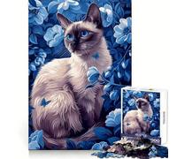 Rompecabezas de 1000 Piezas con diseño de Gato siamés Entre Flores Azules para Adolescentes Juego Inteligente para fomentar la convivencia y Crear una Obra de Arte 38x52cm