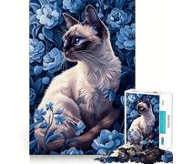 Rompecabezas de 1000 Piezas con diseño de Gato siamés Entre Flores Azules para Adultos Un Rompecabezas Mental Relajante y Divertido para armar Una cálida Sorpresa 38x52cm