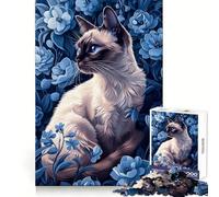 Rompecabezas de 1000 Piezas con diseño de Gato siamés Entre Flores Azules para Adultos Un Rompecabezas Mental Relajante y Divertido para armar Una cálida Sorpresa 38x52cm