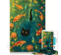 Rompecabezas de 1000 Piezas con diseño de Gato y Estanque de Carpas koi Juego de Bordes Diversión cognitiva Juego Lento Diversión navideña Exhibición artística (50x75cm)