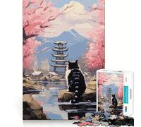 Rompecabezas de 1000 Piezas con diseño de Gato y Paisaje japonés,Bordes definidos,decoración,Juego cognitivo,Juguete Divertido y fácil de Usar, Ocio (38x26cm)