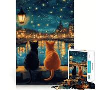 Rompecabezas de 1000 Piezas con diseño de Gatos,Paisaje Urbano Nocturno,Corte Suave,Juego Creativo,Juguete para Momentos de Ocio y relajación, (38x52cm)
