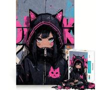 Rompecabezas de 1000 Piezas con diseño de Grafiti de Chica Gato Anime para Adolescentes Diversión,tamaño Uniforme,Piezas precisas,Actividad Relajante para Grupos en Interiores (38x52cm)