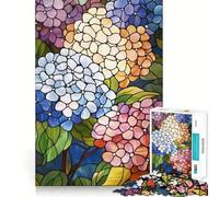 Rompecabezas de 1000 Piezas con diseño de hortensias de vitral, Bordes Lisos, Juego Divertido y Relajante, Regalo de cumpleaños (38x26cm)